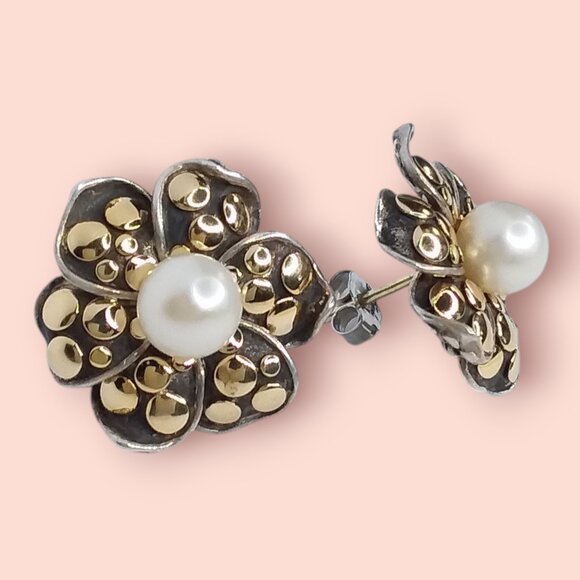 John Hardy 18K Gold 925 Sterling Silver Dot Ayu Flower Earrings Pearl Ladybug - Picture 1 of 14